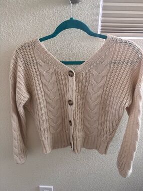 Beige Cable Knit Button-Front Women's Sweater Cardigan